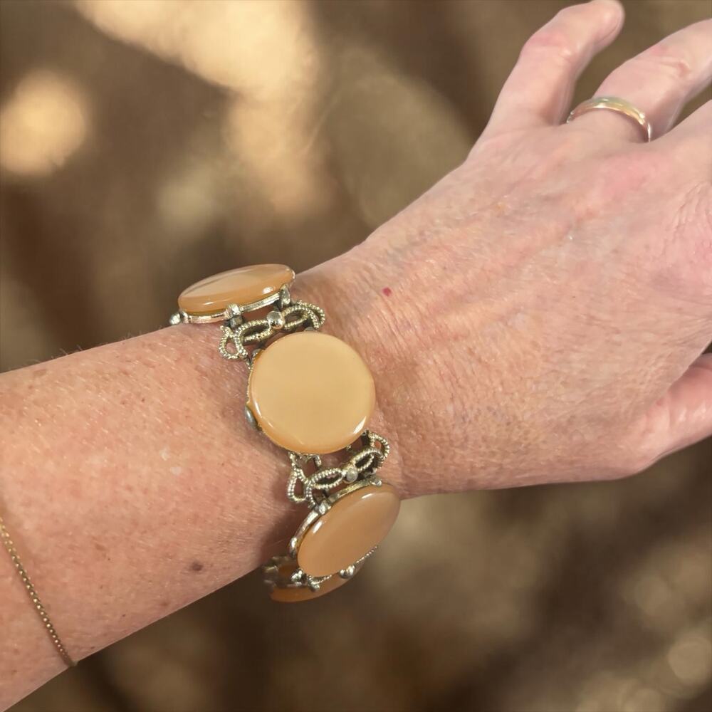 Vintage Peach Thermoset Panel Bracelet Soft Mod Mid Century Atomic Glam